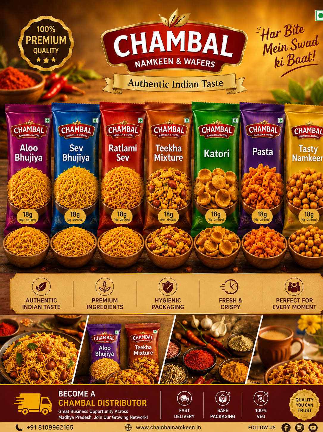 A colorful promotional poster for CHAMBAL Namkeen & Wafers featuring a variety of Indian snack packets including Aloo Bhujia, Sev Bhujia, Ratlami Sev, Teekha Mixture, Katori, Pasta, and Tasty Namkeen. The design highlights premium quality, authentic Indian taste, hygienic packaging, and fresh crispy snacks with warm golden branding, spice visuals, and distributor contact information including phone number 8109962165 and website chambalnamkeen.in.